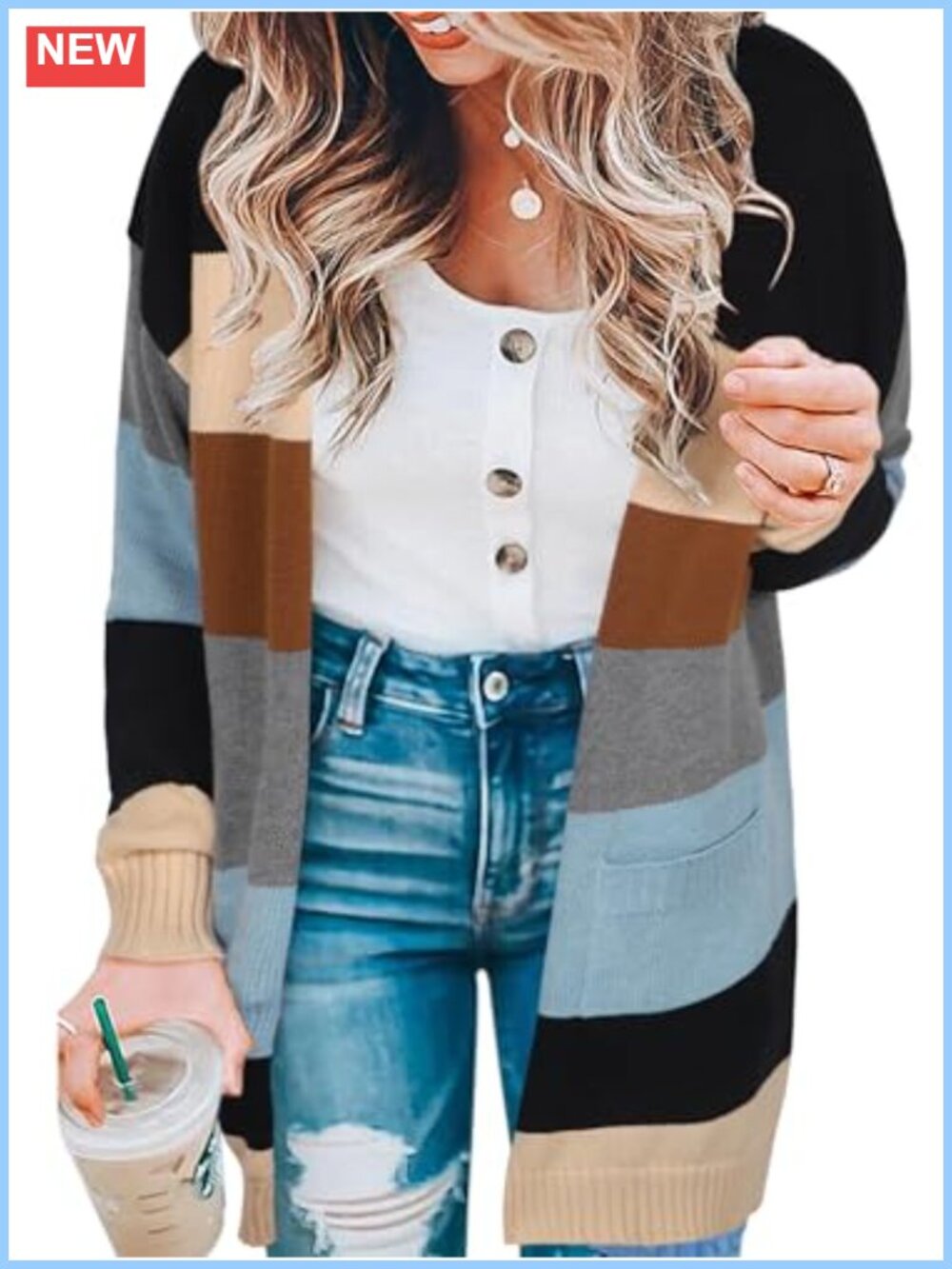 Knitted Open Front Cardigan Long Sleeve V-Neck Striped Sweater